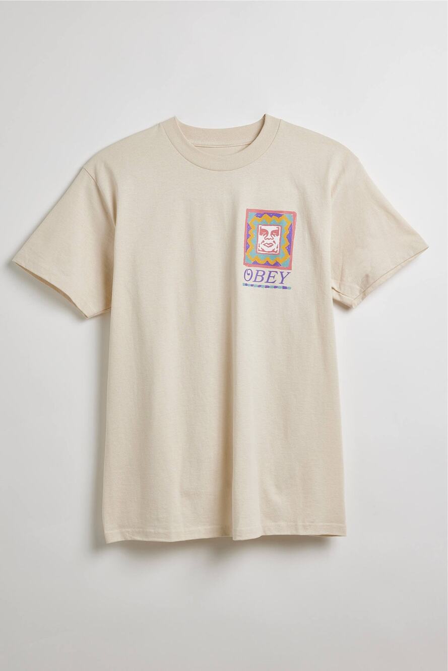 Obey Graphic T Shirt Large Cream Pastel Face Logo Streetwear Short Sleeve Cotton